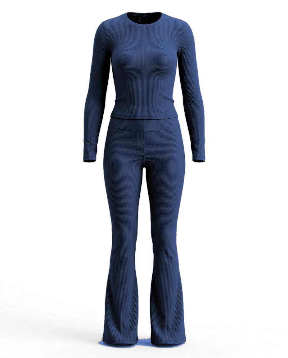 Volsa Ribbed Flare Set in navy