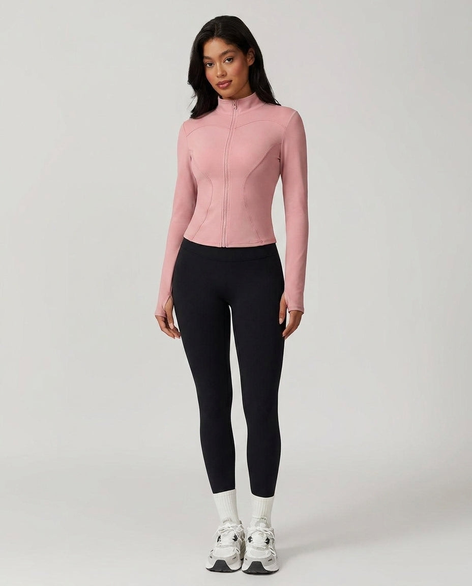 Volsa Fitted Zip Jacket in pink, worn, front