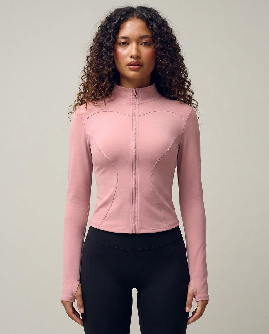 Volsa Fitted Zip Jacket in pink, worn, side