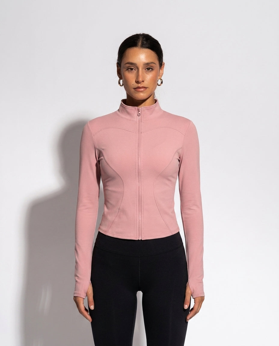 Volsa Fitted Zip Jacket in pink, worn, detail